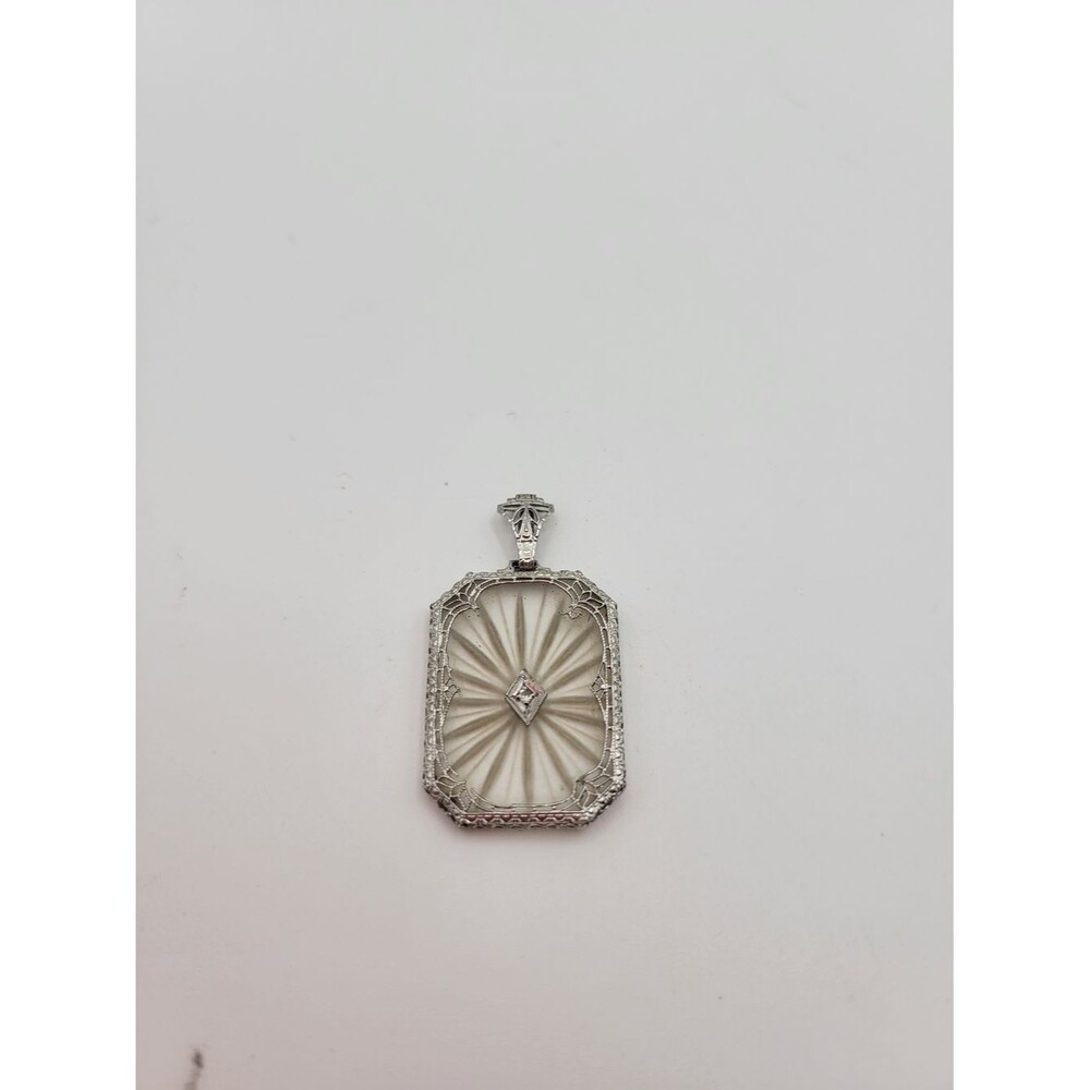 Vintage 14K White Gold Camphor Glass Art Deco Victorian Necklace Pendant